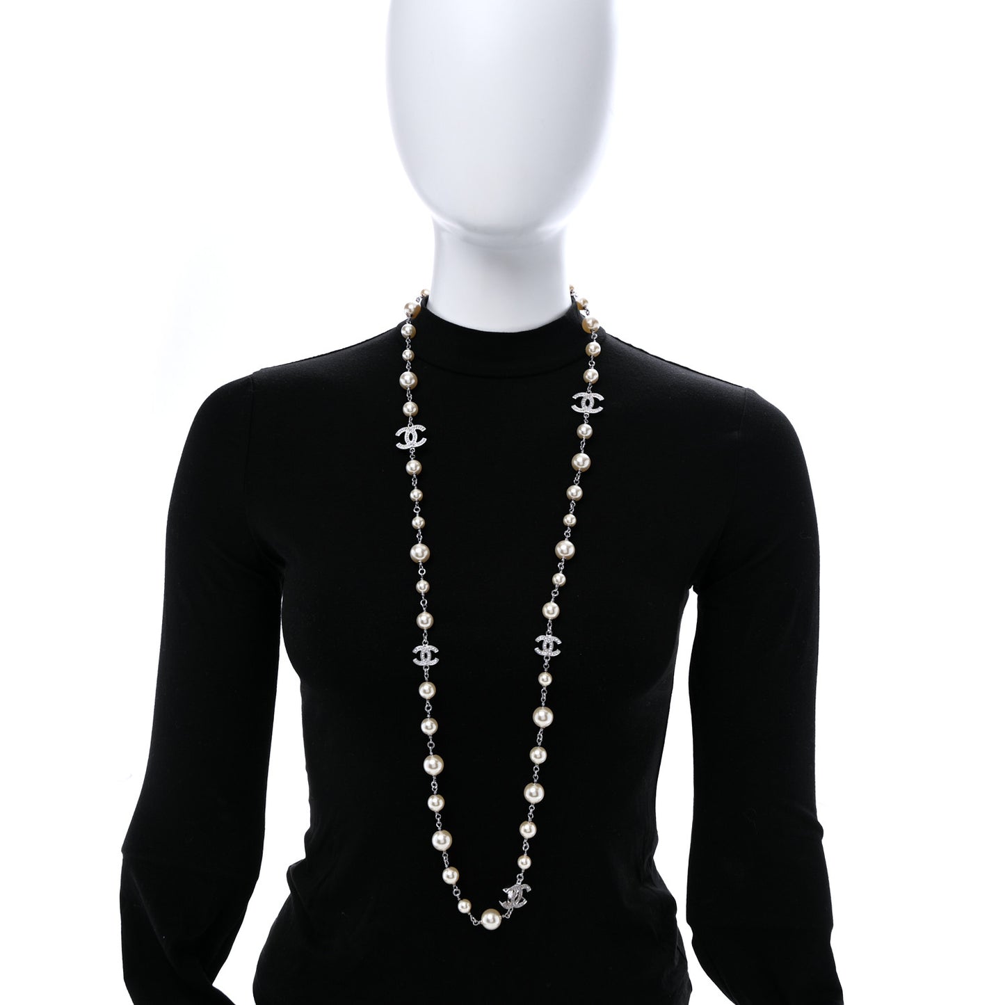 Graduated Pearl Crystal CC Long Necklace Silver