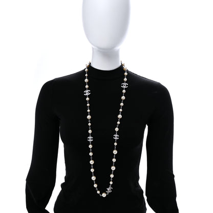 Chanel Graduated Pearl Crystal CC Long Necklace Silver 2 of 7