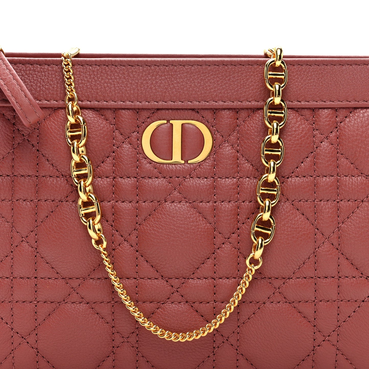 Calfskin Cannage Caro Zipped Pouch With Chain Pink Peony