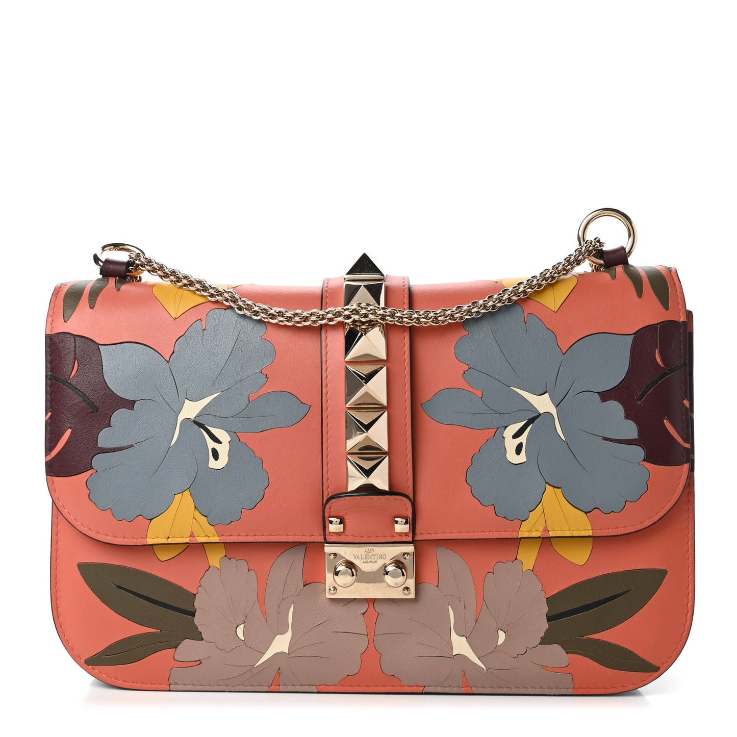 Vitello Floral Medium Glam Lock Rockstud Flap Orange Multicolor