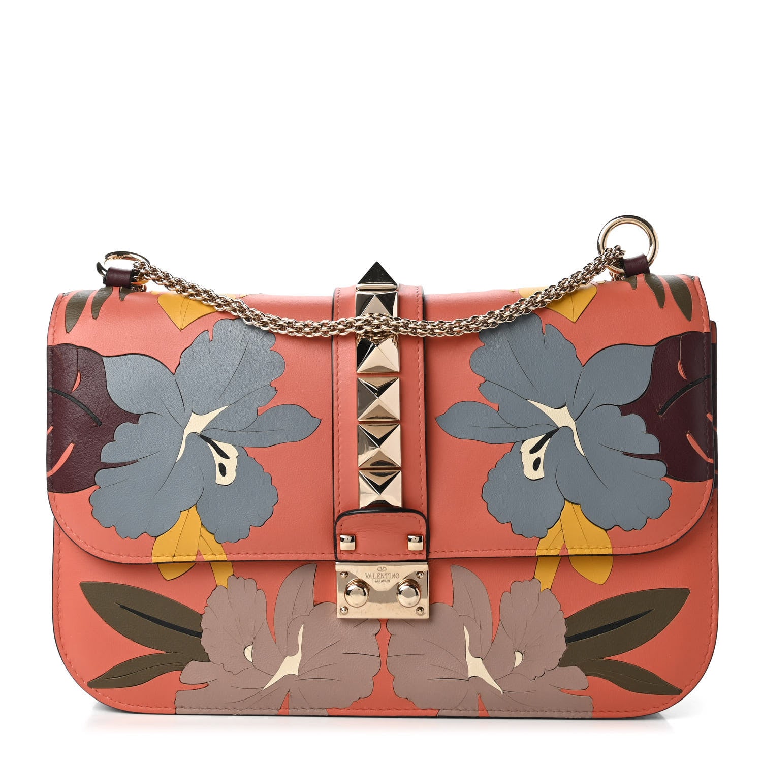 Valentino Garavani Vitello Floral Medium Glam Lock Rockstud Flap Orange Multicolor 1 of 9