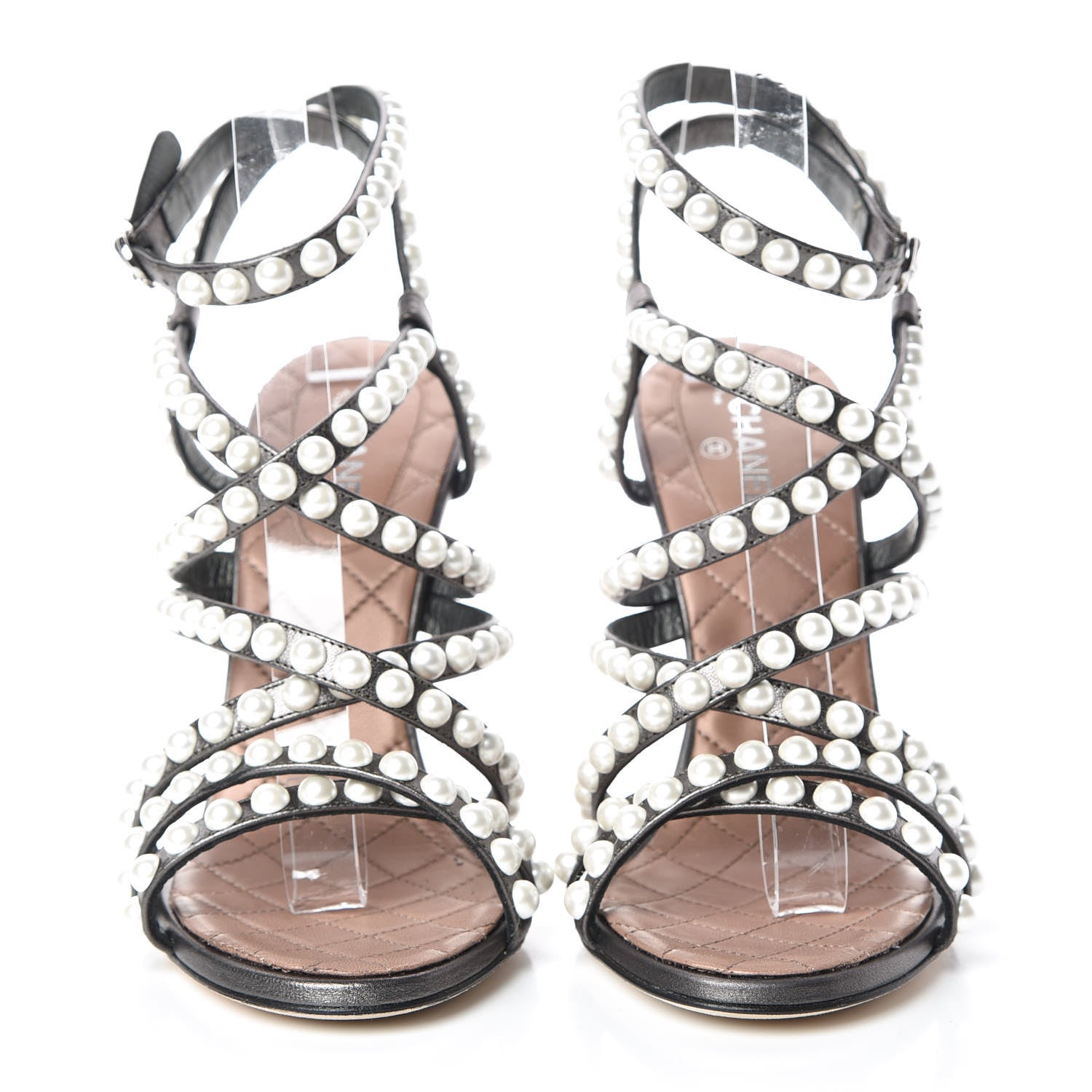 Chanel Laminated Lambskin Quilted Pearl Sandals 37 Khaki 2 of 8