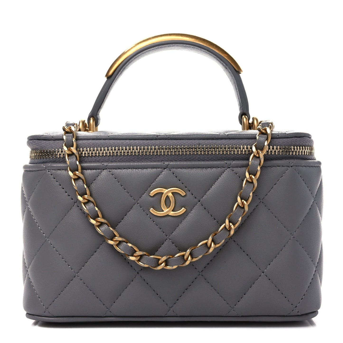 Lambskin Quilted Metal Small Top Handle Vanity Case With Chain Grey