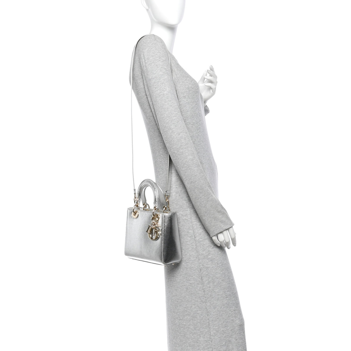 Metallic Lizard Small Lady Dior Argent