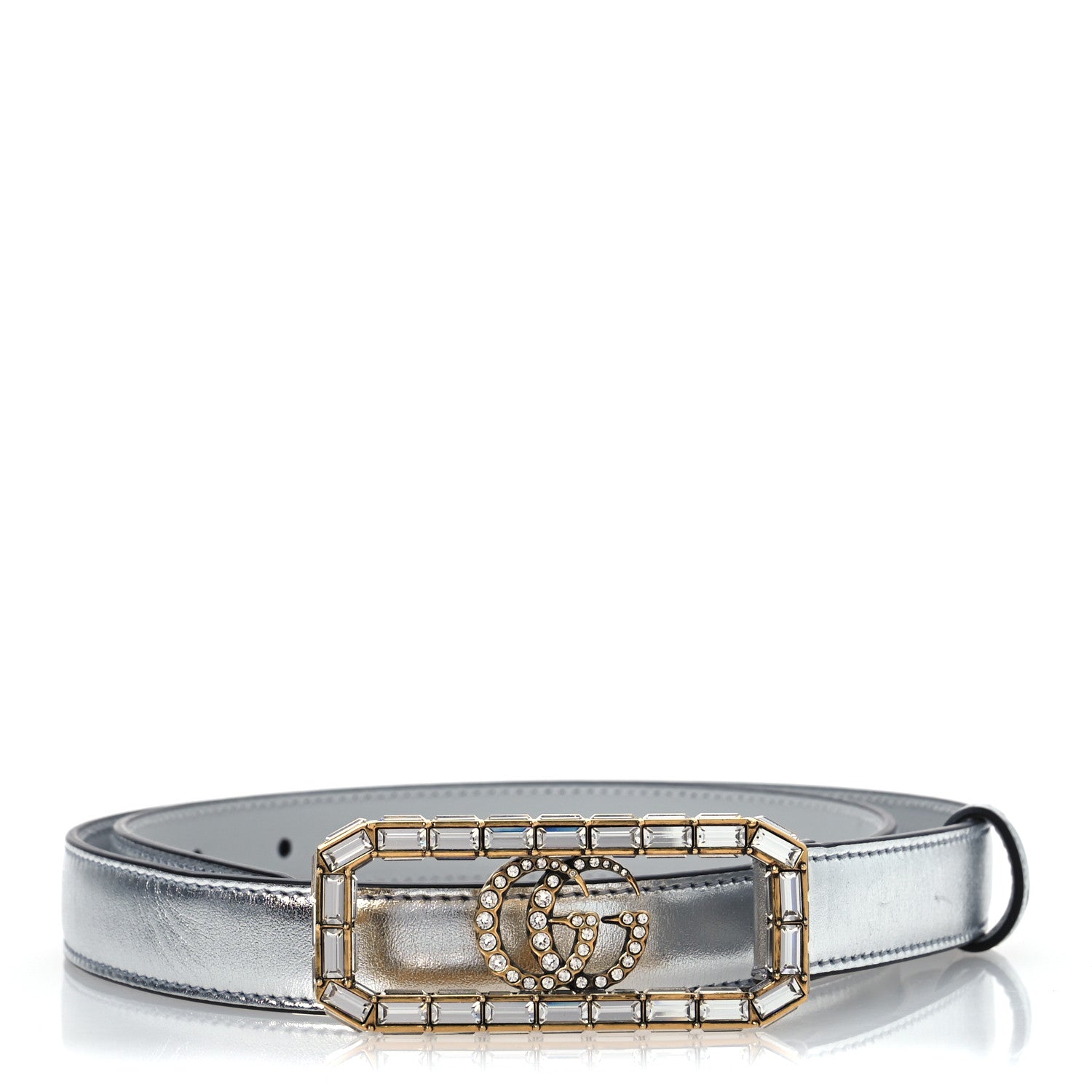 Gucci Metallic Calfskin Crystal Double G 20mm Belt 80 32 Silver 1 of 6