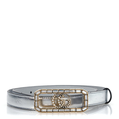 Gucci Metallic Calfskin Crystal Double G 20mm Belt 80 32 Silver 1 of 6
