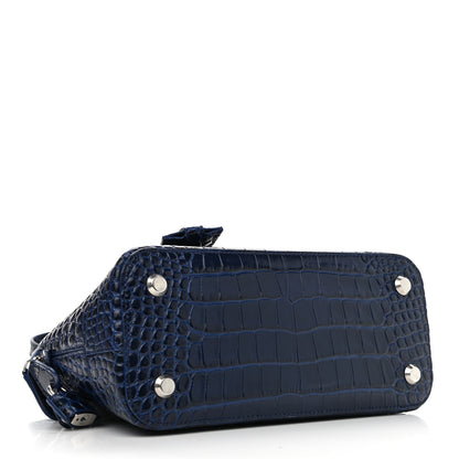 Balenciaga Shiny Calfskin Logo Crocodile Embossed S Ville Top Handle Bag Navy White 4 of 10