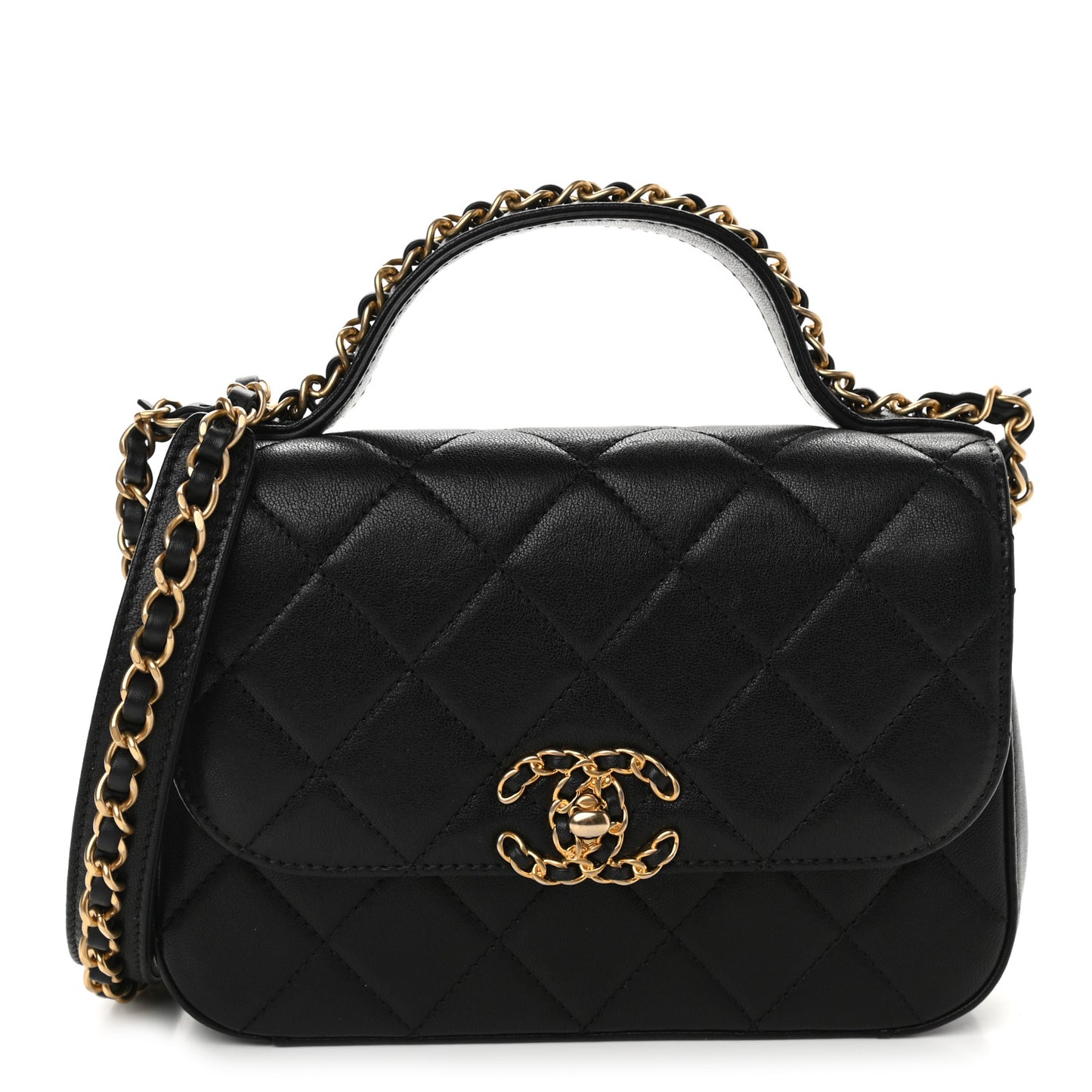 Lambskin Quilted Small Chain Infinity Top Handle Flap Black