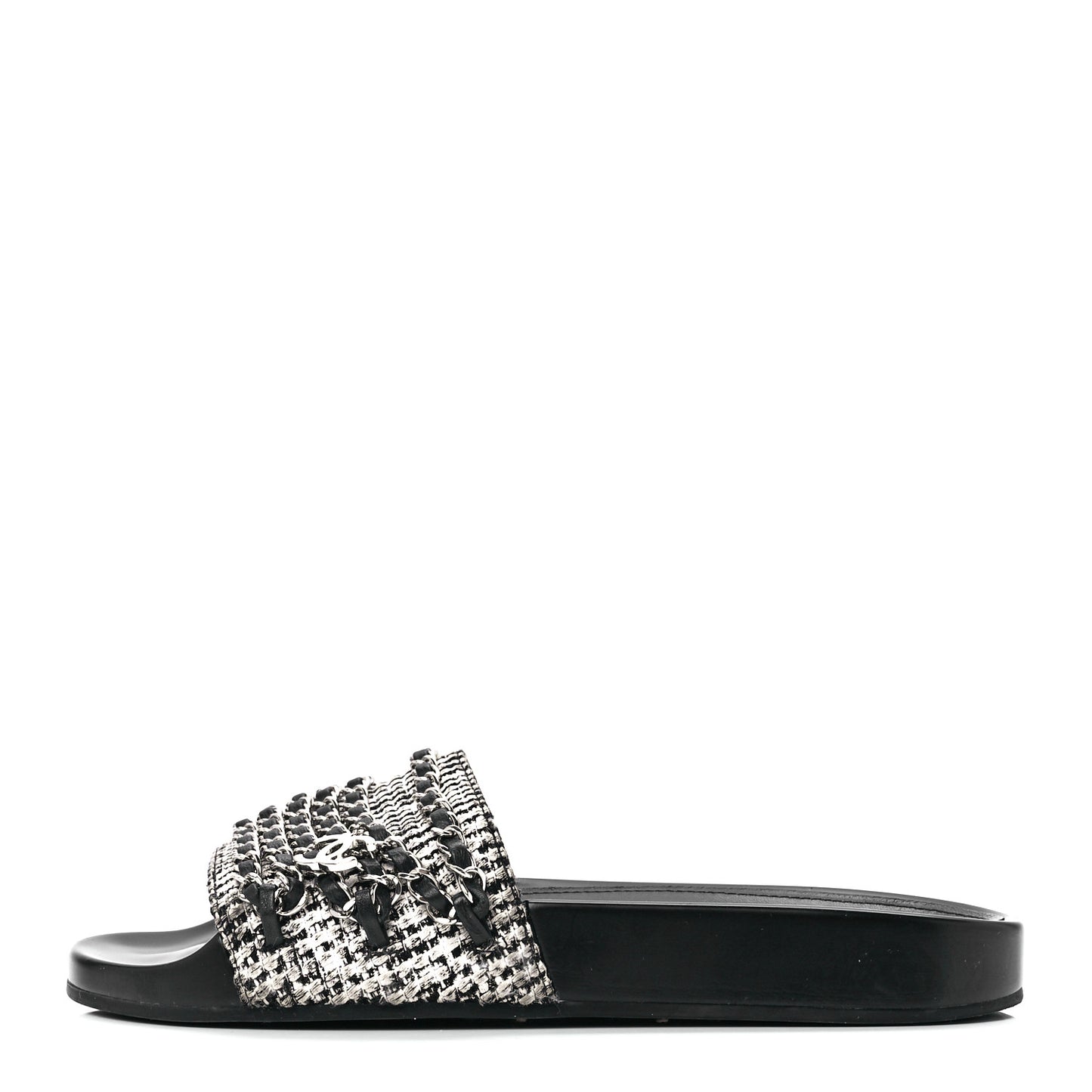 Tweed Lambskin Chain Flat Sandals 37 Black Multicolor