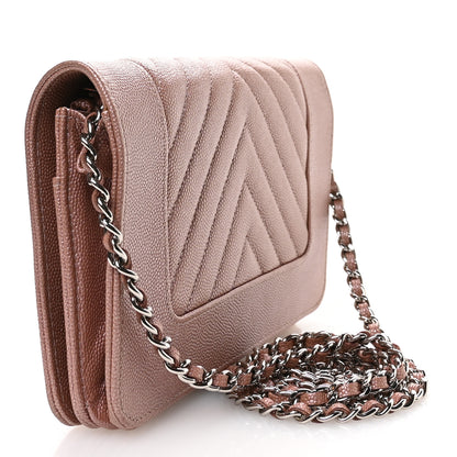 Chanel Metallic Caviar Chevron Quilted Vintage Mademoiselle Wallet On Chain WOC Pink 3 of 13