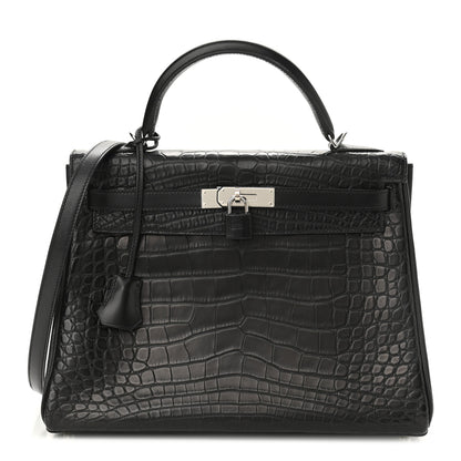 Hermes Matte Alligator Taurillon Clemence Box Kelly Retourne 32 Black 1 of 10