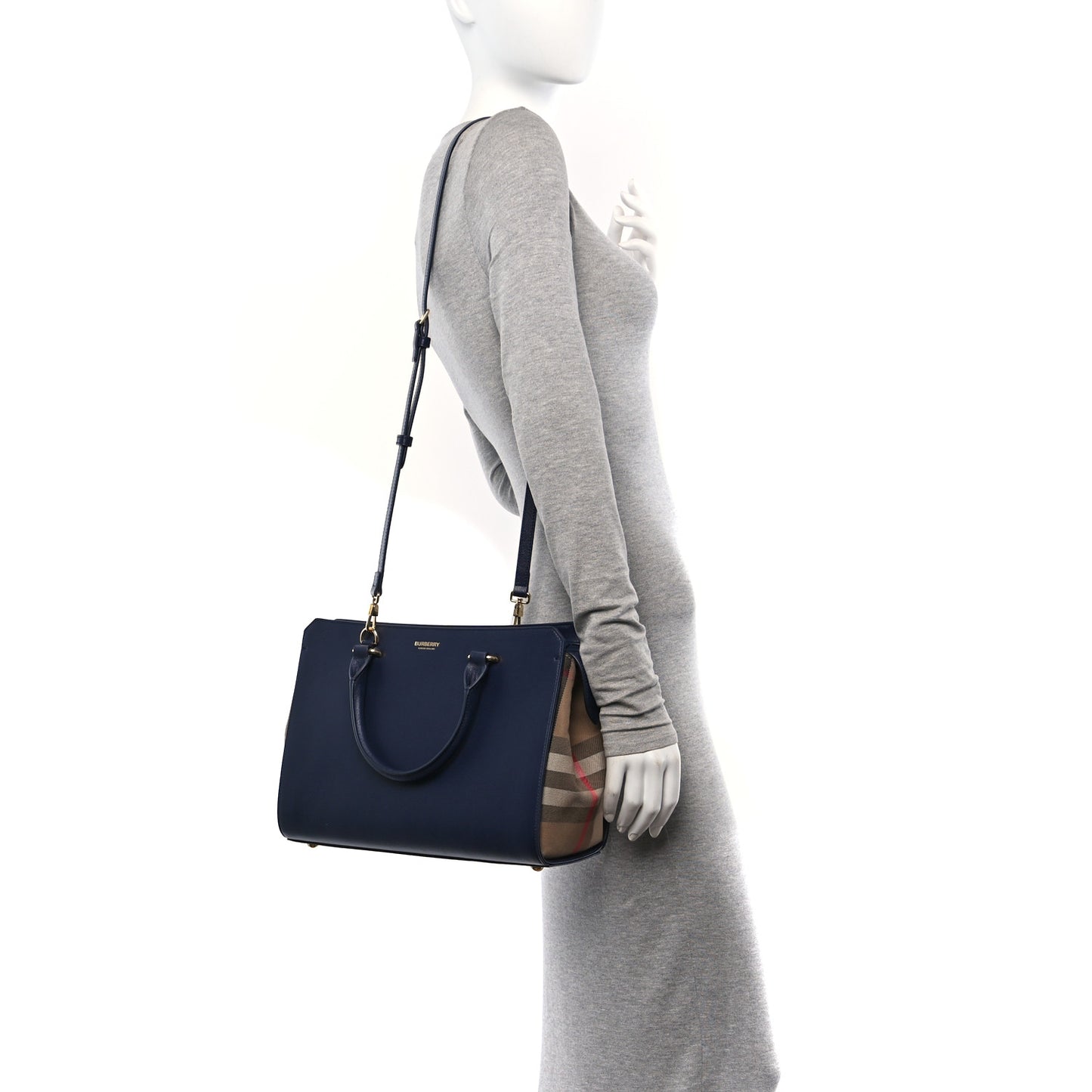 Calfskin Mega Check Small Banwell Tote Dark Canvas Blue