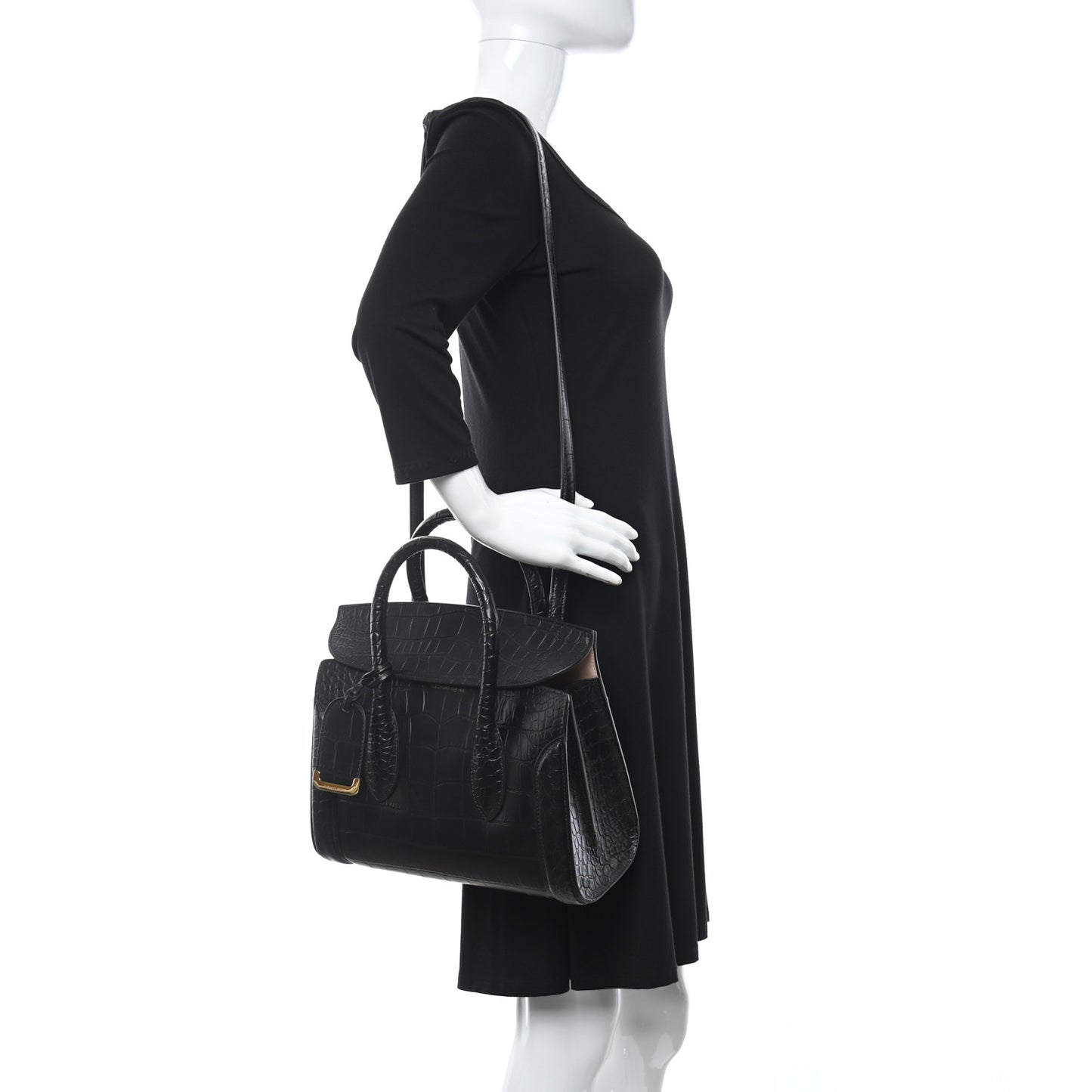 Calfskin Crocodile Embossed Small Heroine 30 Black