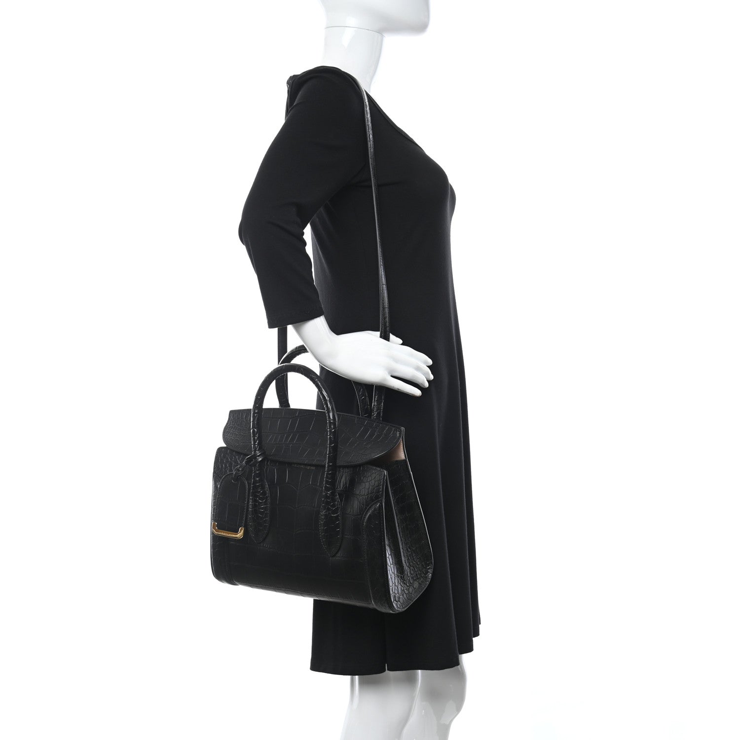 Alexander McQueen Calfskin Crocodile Embossed Small Heroine 30 Black 2 of 12