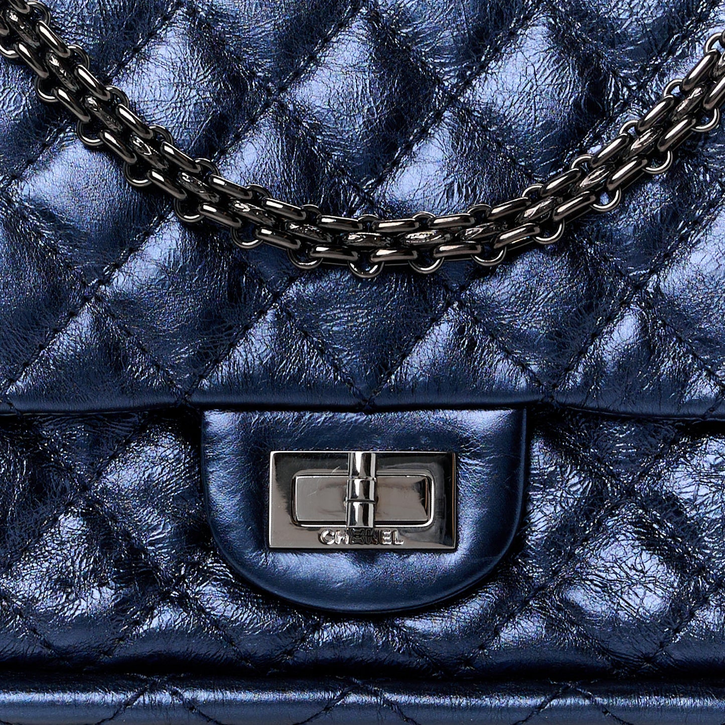 Metallic Aged Calfskin Quilted Accordion Reissue 2.55 Flap Blue