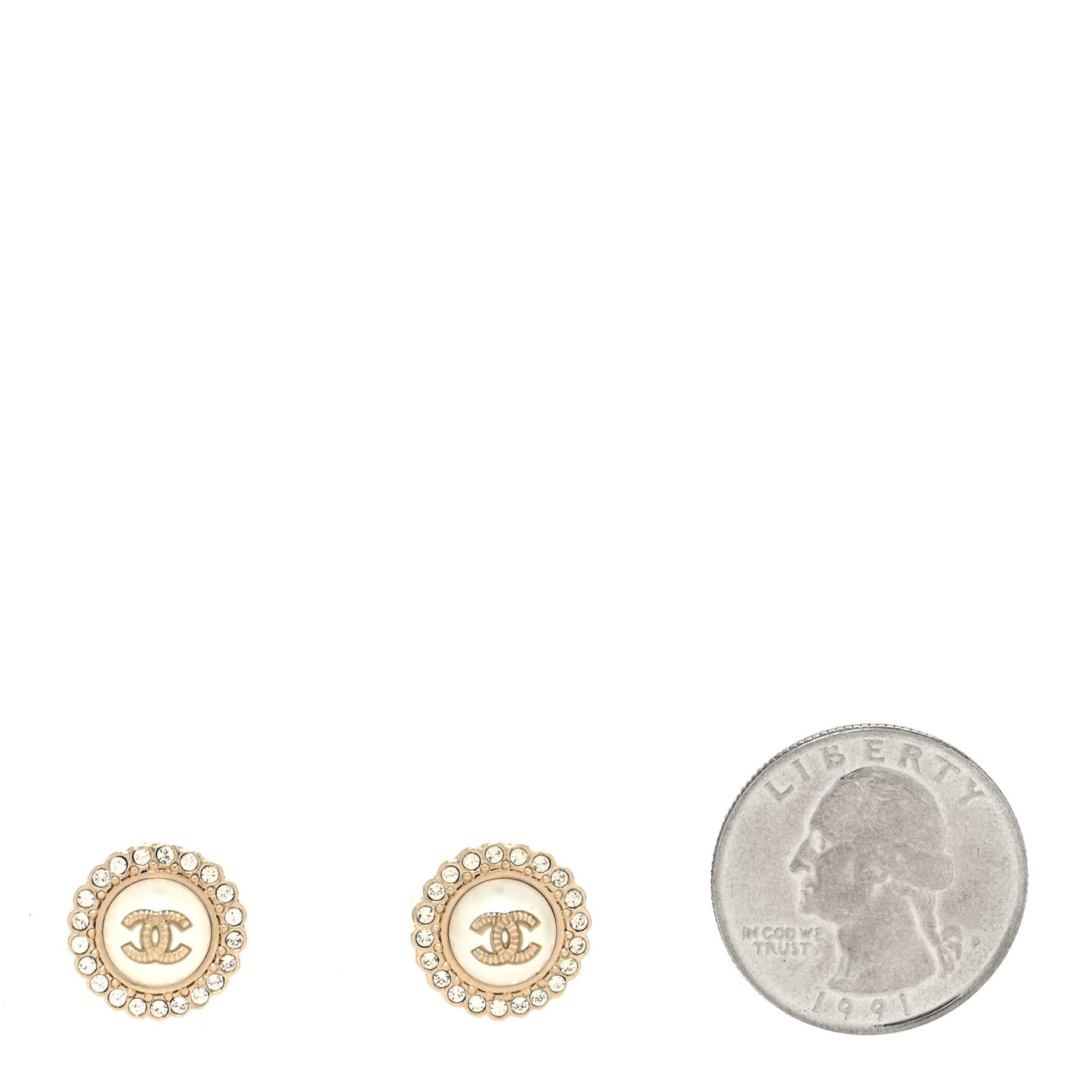 Metal Pearl Crystal CC Round Earrings Light Gold