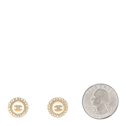 Chanel Metal Pearl Crystal CC Round Earrings Light Gold 2 of 4