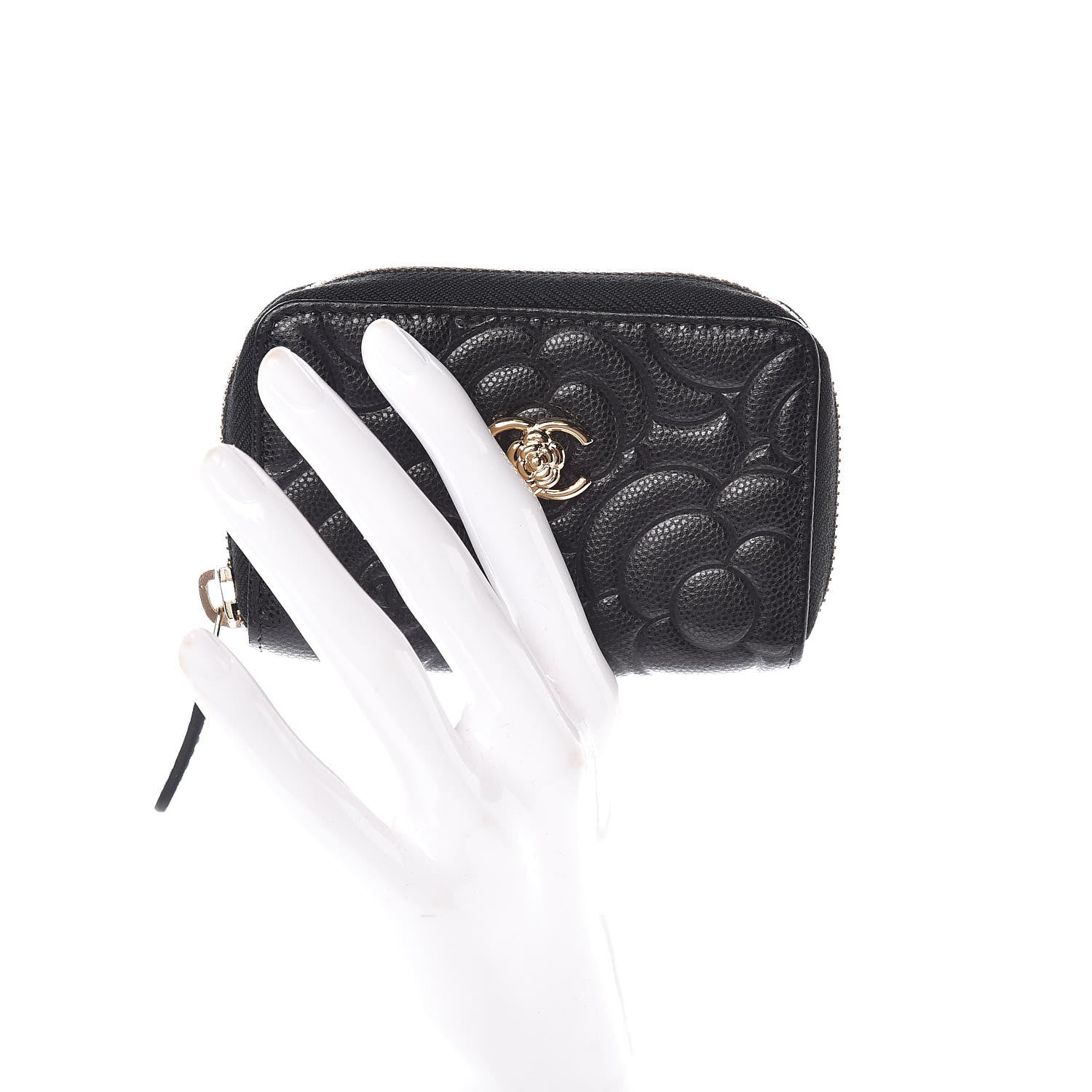 Chanel Caviar Camellia Embossed Zip Coin Purse Black 2 of 7