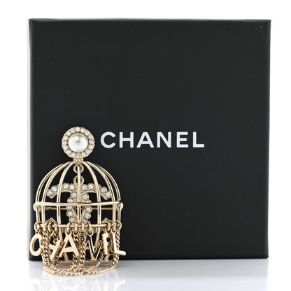 Chanel Pearl Crystal Birdcage Pin Brooch Light Gold 5 of 5