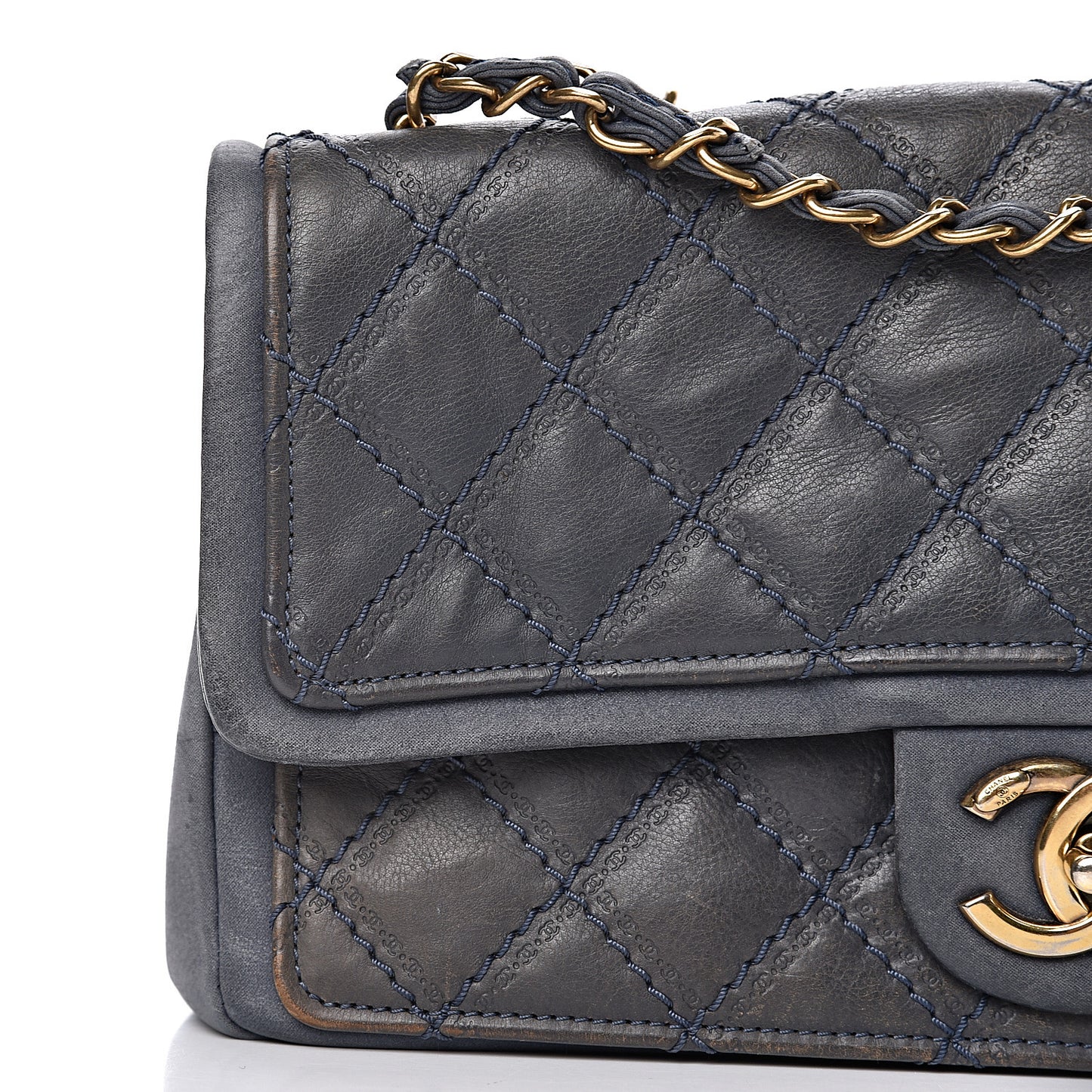 Calfskin Stitched Two Tone Flap Blue