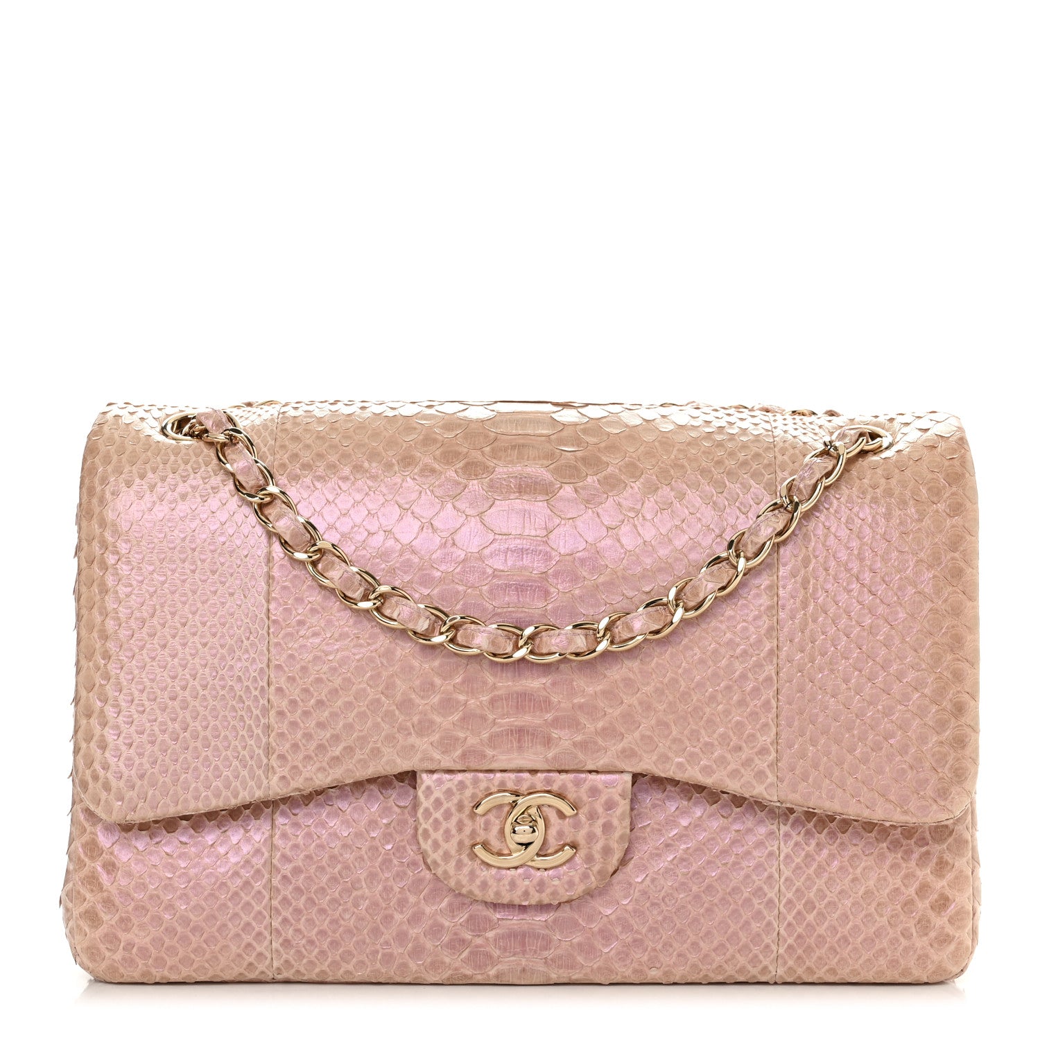 Chanel Metallic Snakeskin Jumbo Double Flap Pink 1 of 10