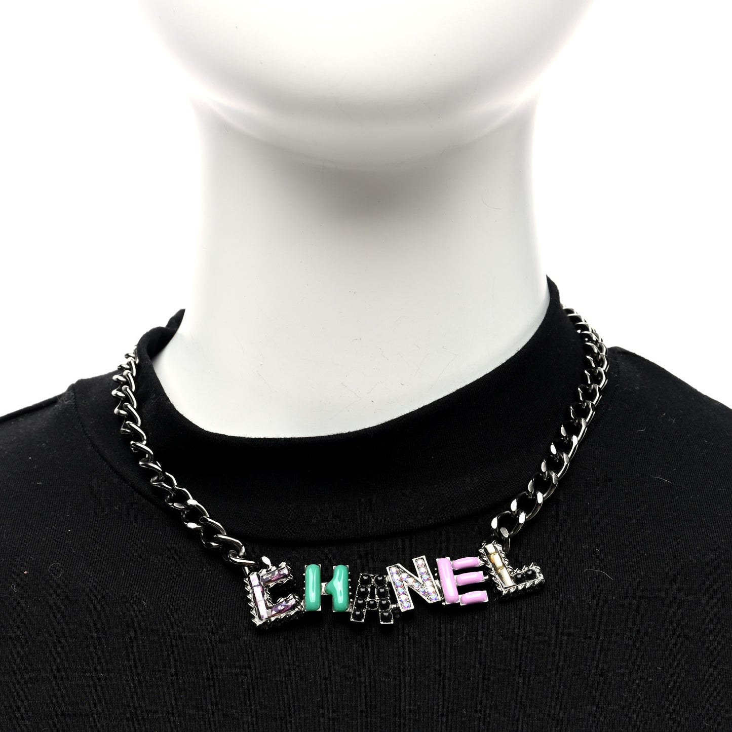 Crystal Enamel Pearl CC Logo Chain Choker Dark Silver Multicolor