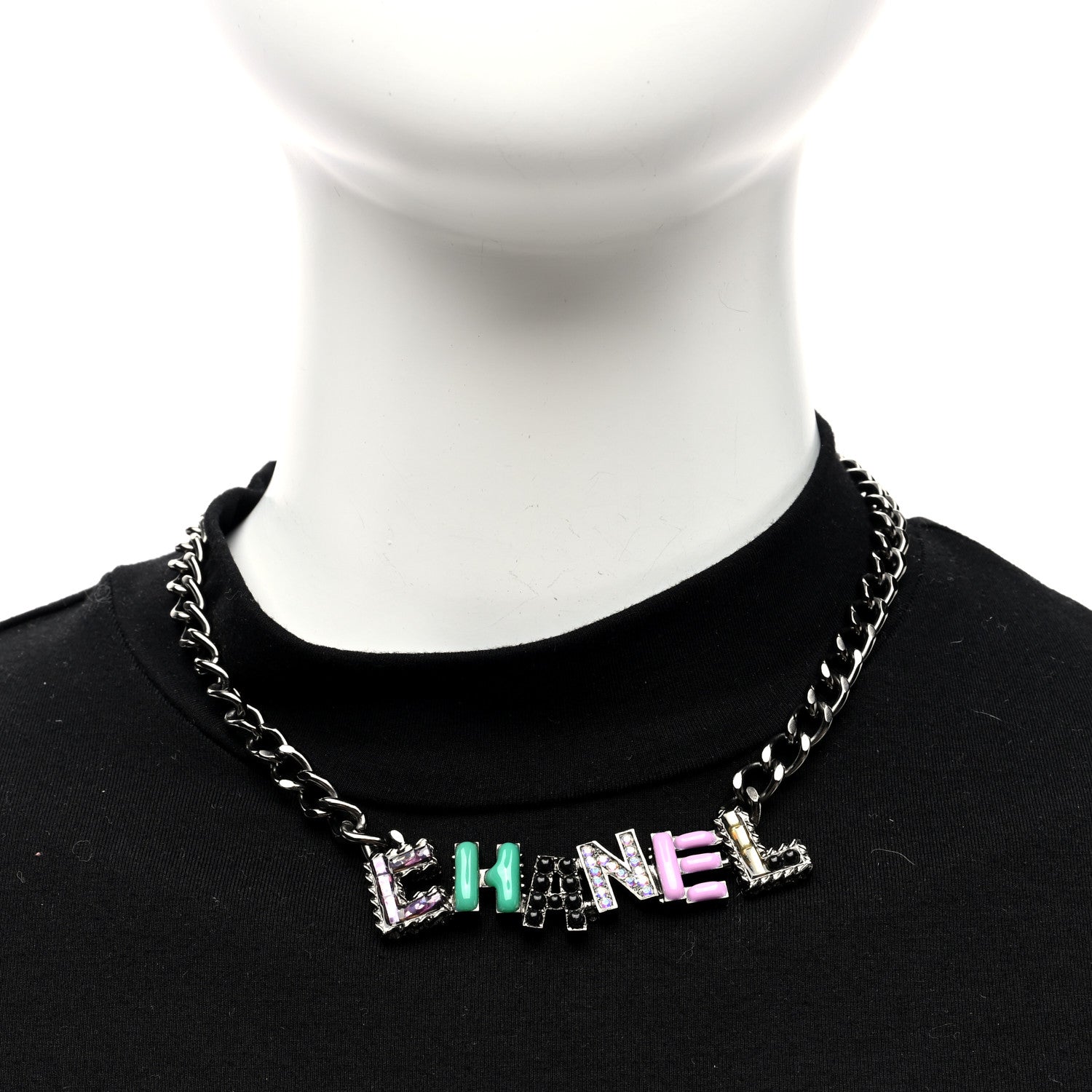 Chanel Crystal Enamel Pearl CC Logo Chain Choker Dark Silver Multicolor 2 of 4