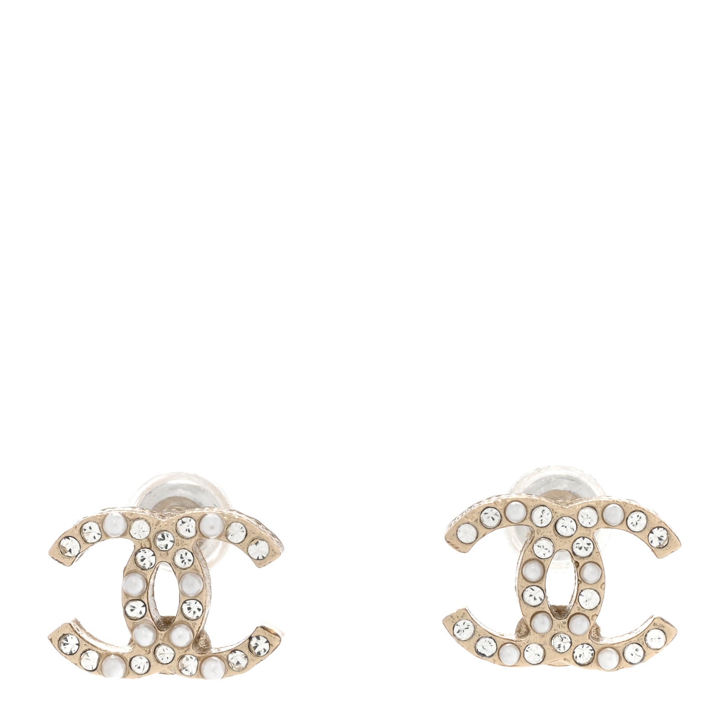 Pearl Crystal CC Charms Stud Earrings Light Gold