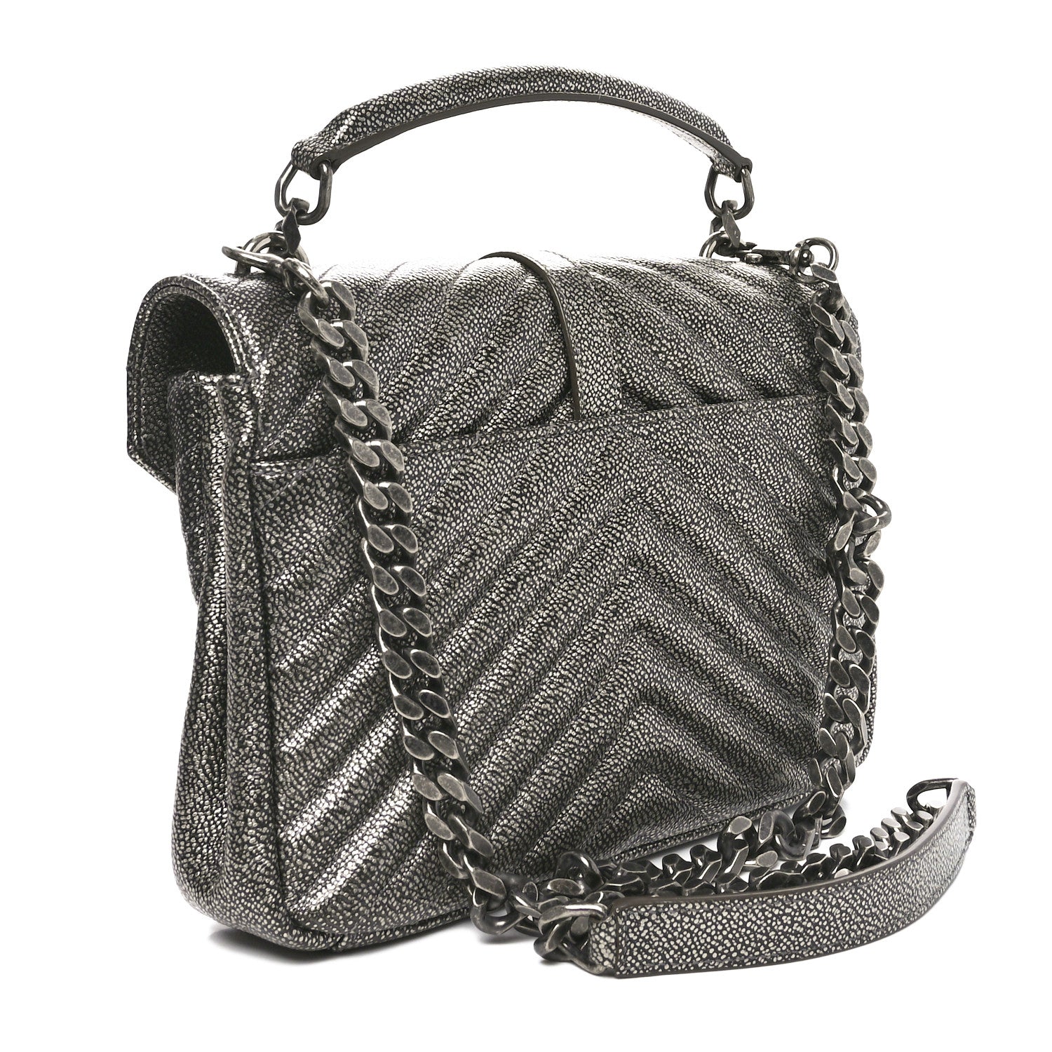 Saint Laurent Metallic Grain De Poudre Matelasse Chevron Monogram Medium College Bag Gunmetal 2 of 9