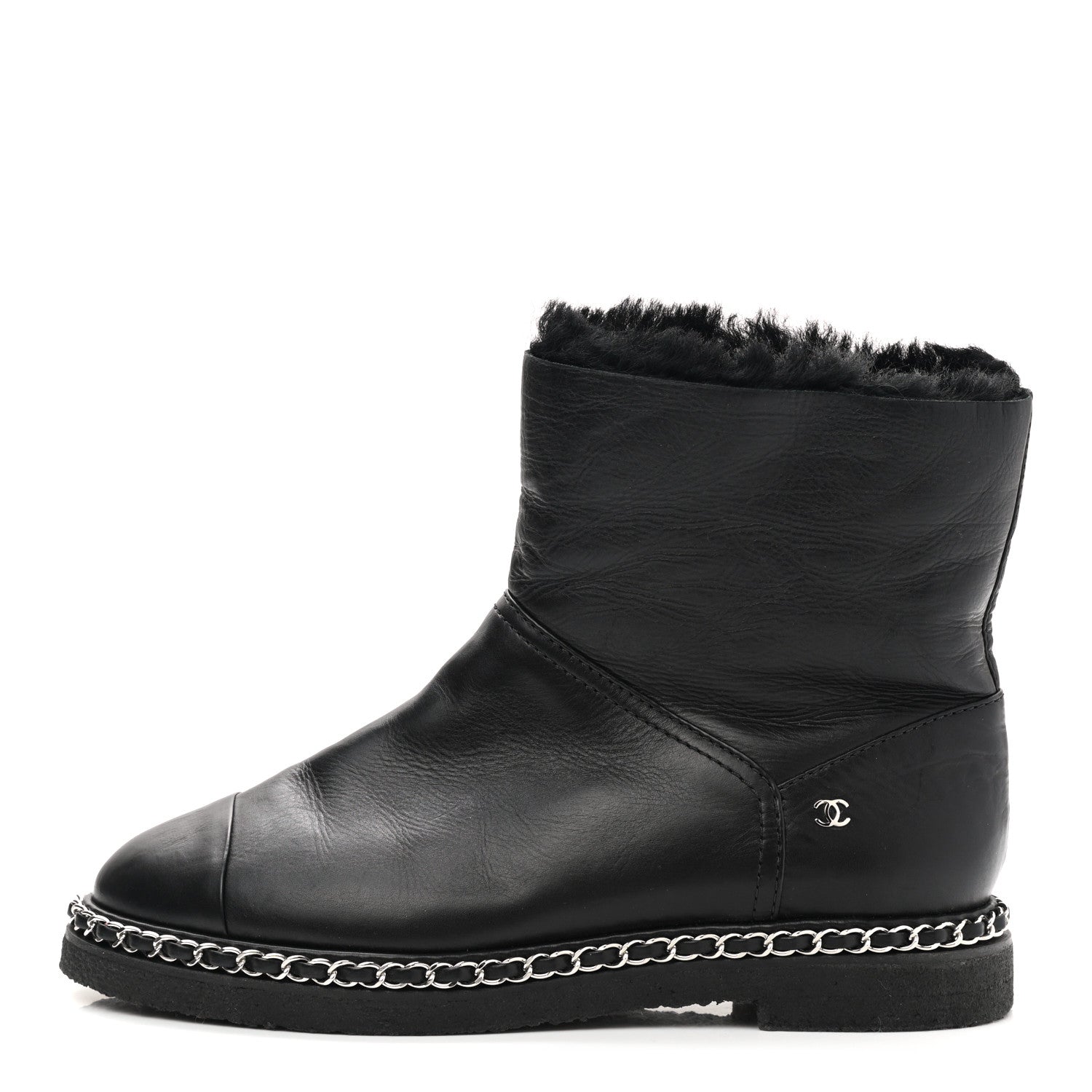 Chanel Calfskin Shearling Womens Cap Toe Chain Short Boots 39.5 Black 1 of 6