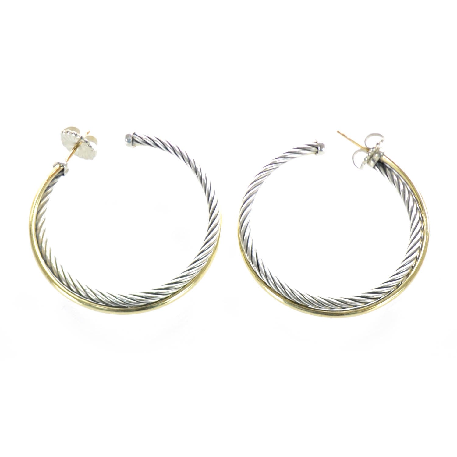 David Yurman 18k Gold Sterling Silver Crossover Cable Hoop Earrings 1 of 6