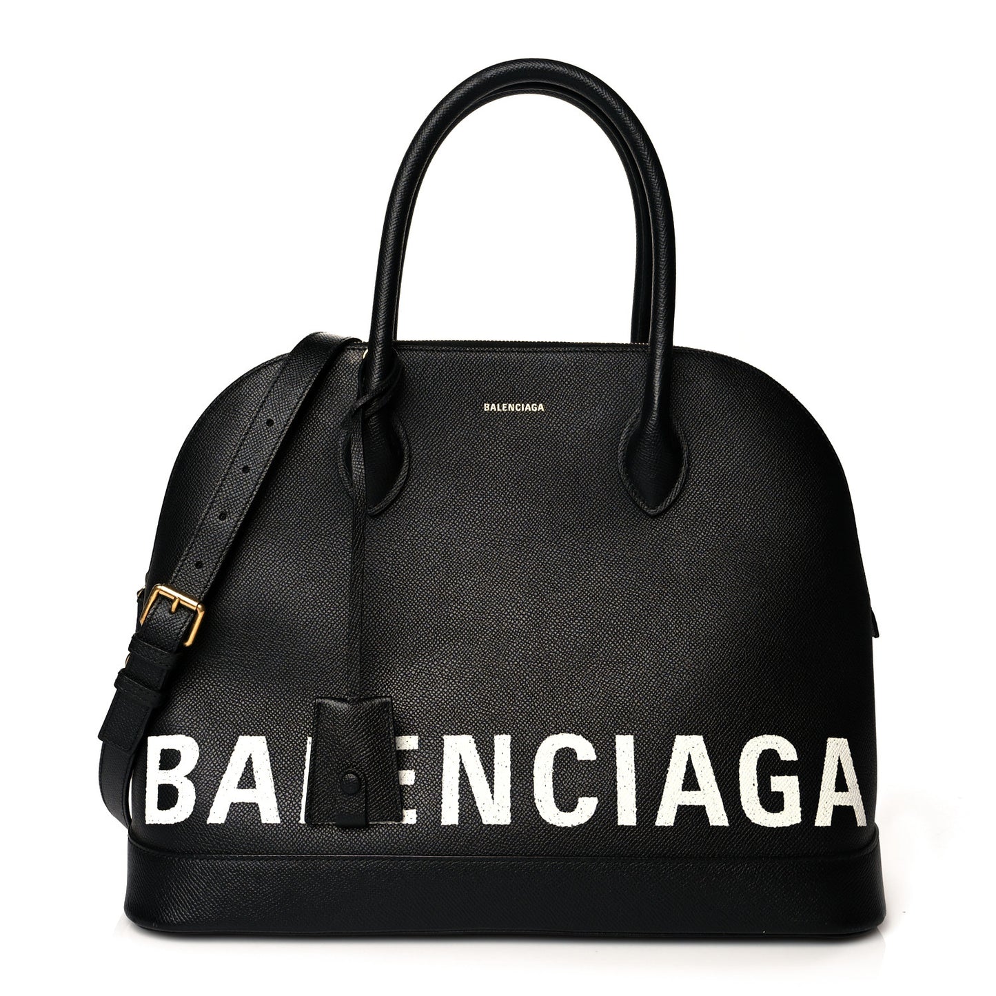 Signature Grained Calfskin Logo M Ville Top Handle Bag Black