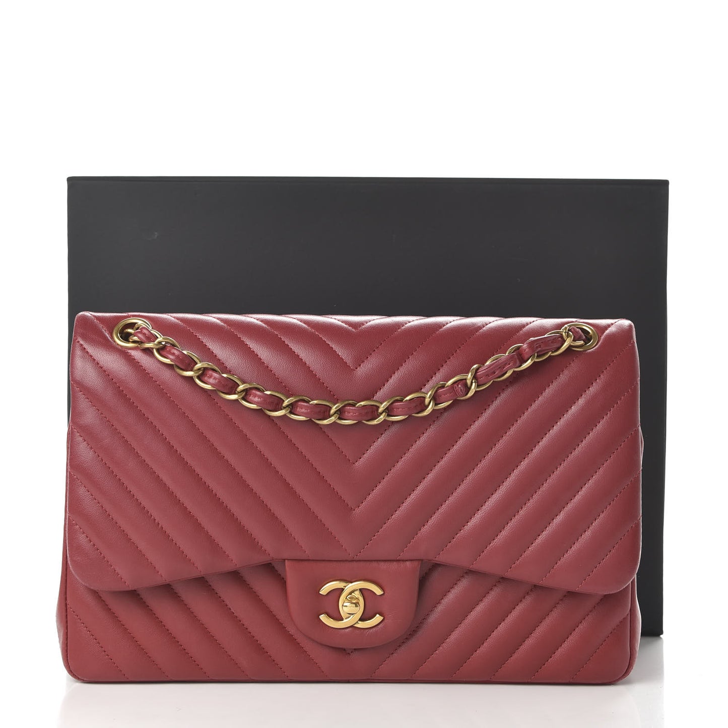 Lambskin Chevron Quilted Jumbo Double Flap Dark Red