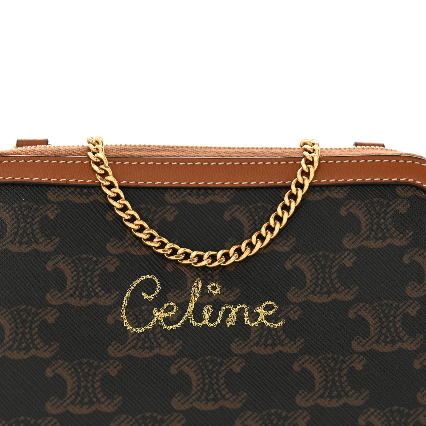 Lambskin Triomphe Canvas Embroidered Logo Clutch With Chain Tan