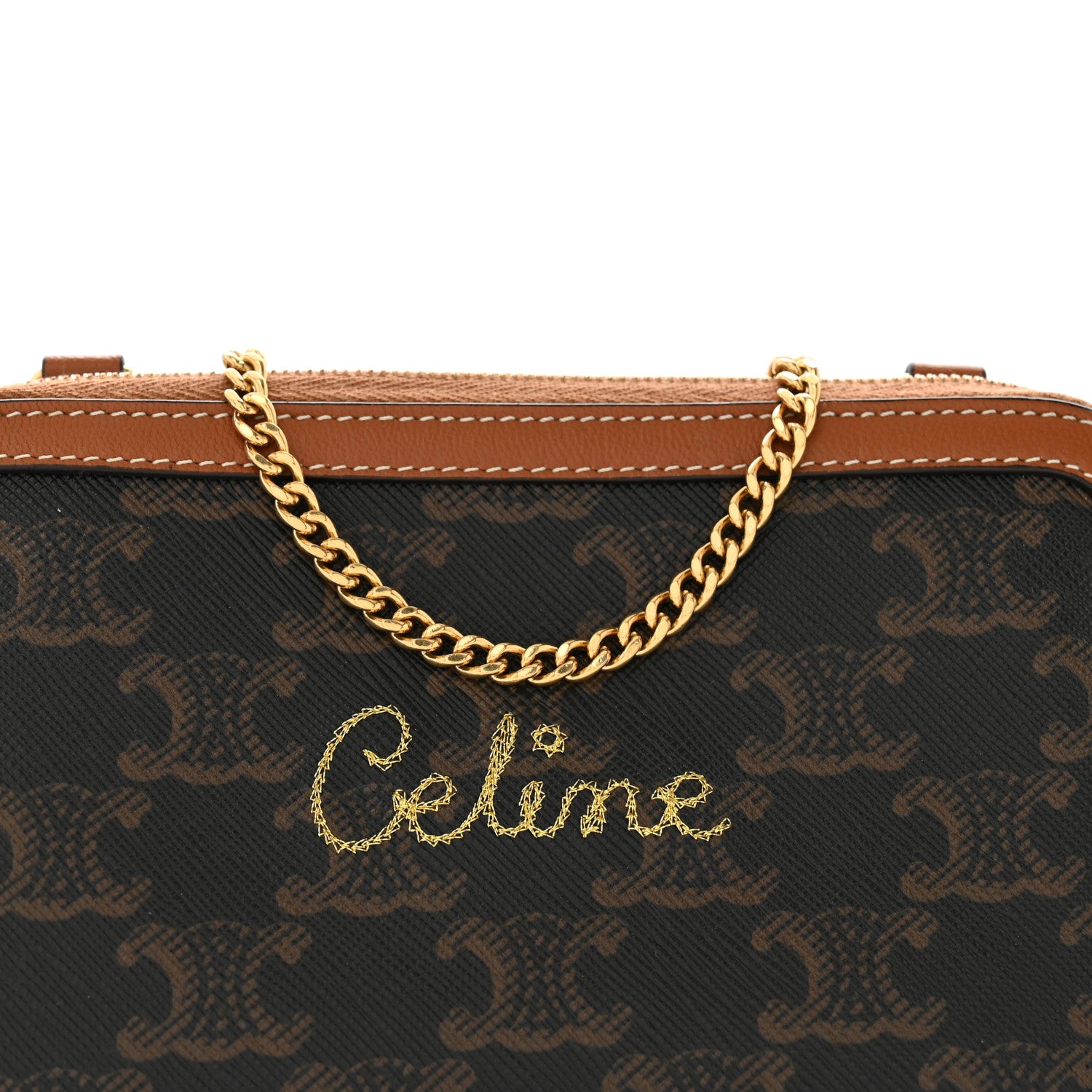 Celine Lambskin Triomphe Canvas Embroidered Logo Clutch With Chain Tan 8 of 10