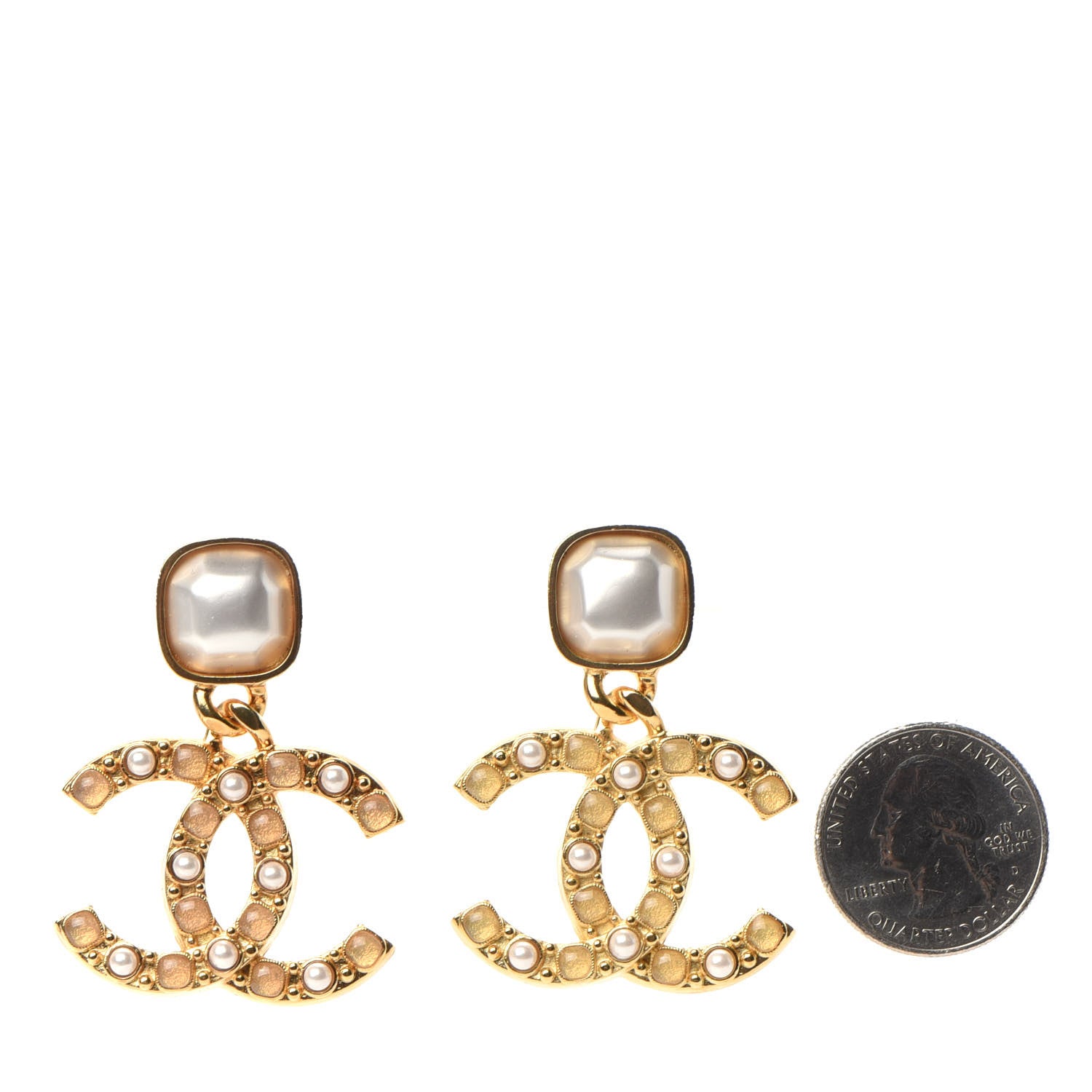 Chanel Pearl Stones CC Drop Earrings Gold 2 of 5