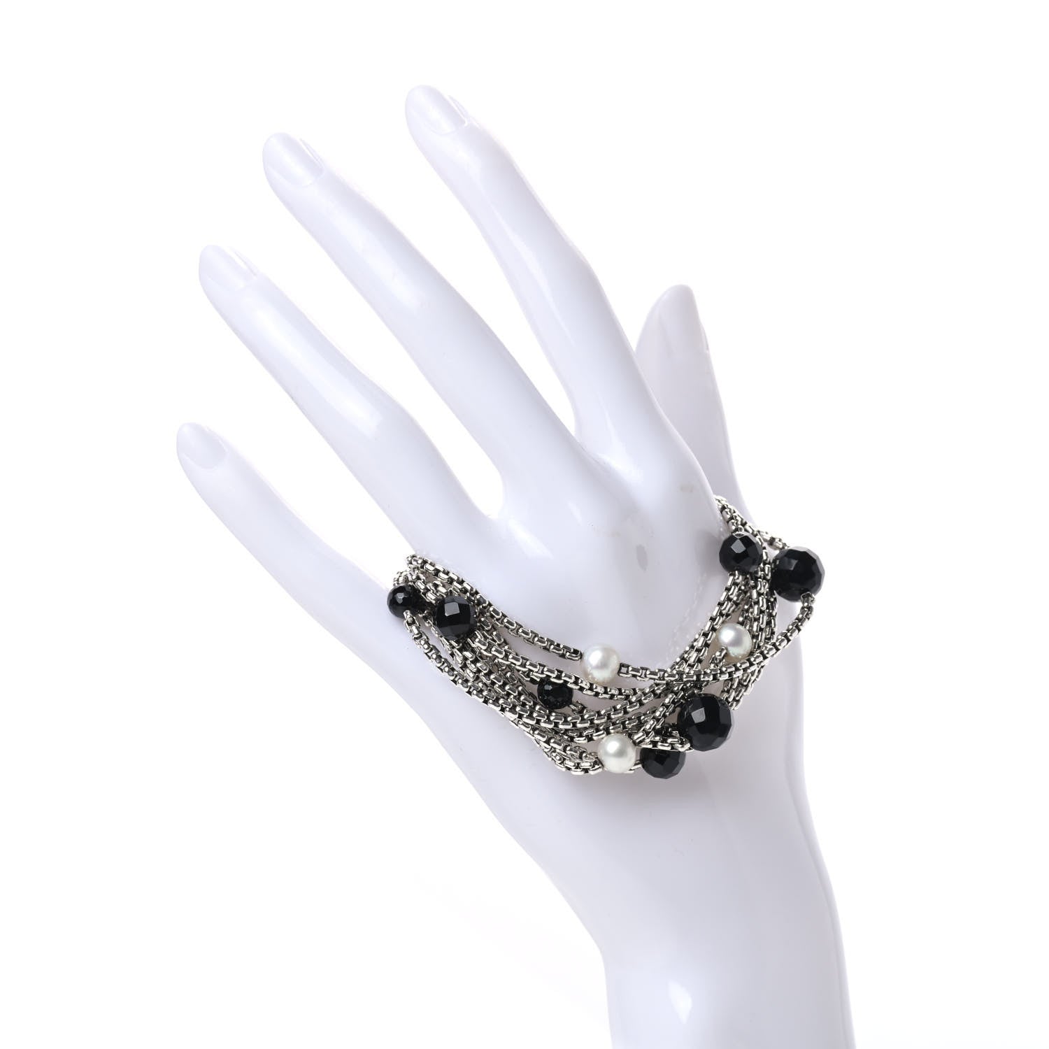 David Yurman Sterling Silver 18K Yellow Gold Pearl Onyx Multi Strand Box Chain Bracelet 2 of 4