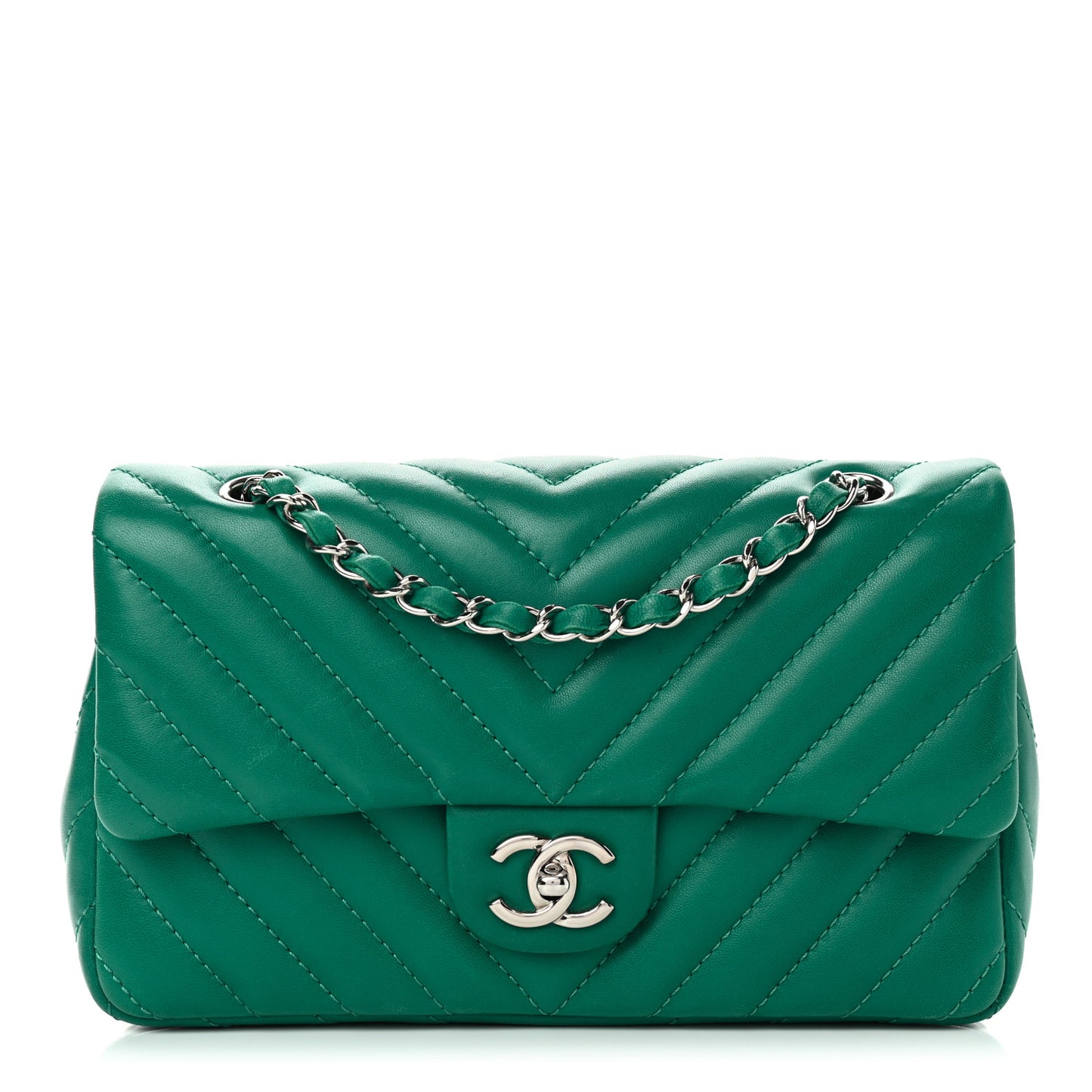 Lambskin Chevron Quilted Medium Single Flap Green