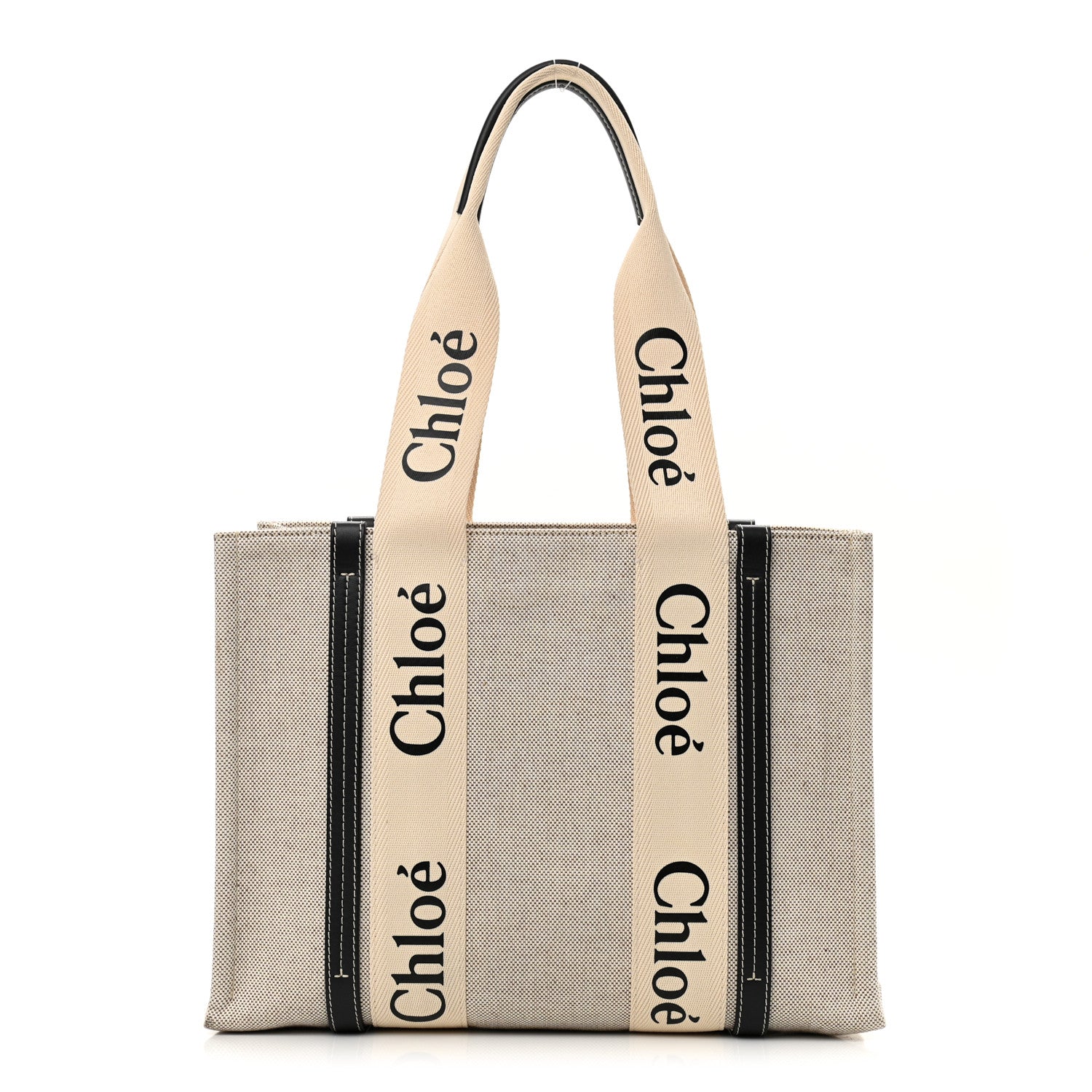 Chloe Cotton Calfskin Medium Woody Ribbon Tote White Black 1 of 11