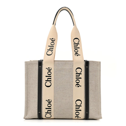 Chloe Cotton Calfskin Medium Woody Ribbon Tote White Black 1 of 11