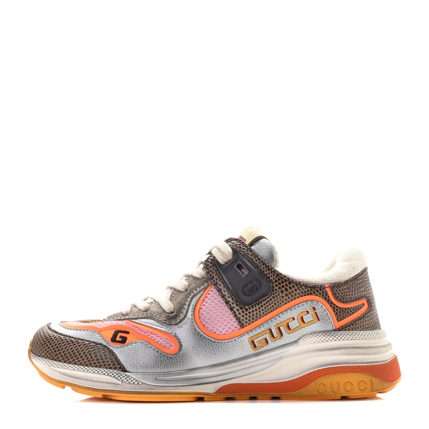 Calfskin Suede Mesh Lizard Embossed Womens Ultrapace Sneakers 35 Silver Anthracite Neon Orange