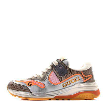 Gucci Calfskin Suede Mesh Lizard Embossed Womens Ultrapace Sneakers 35 Silver Anthracite Neon Orange 1 of 11