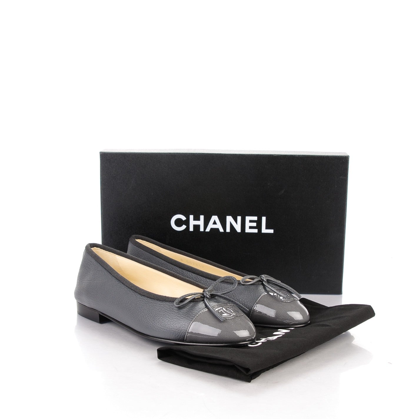 Patent Goatskin Cap Toe Ballerina Flats 36 Grey