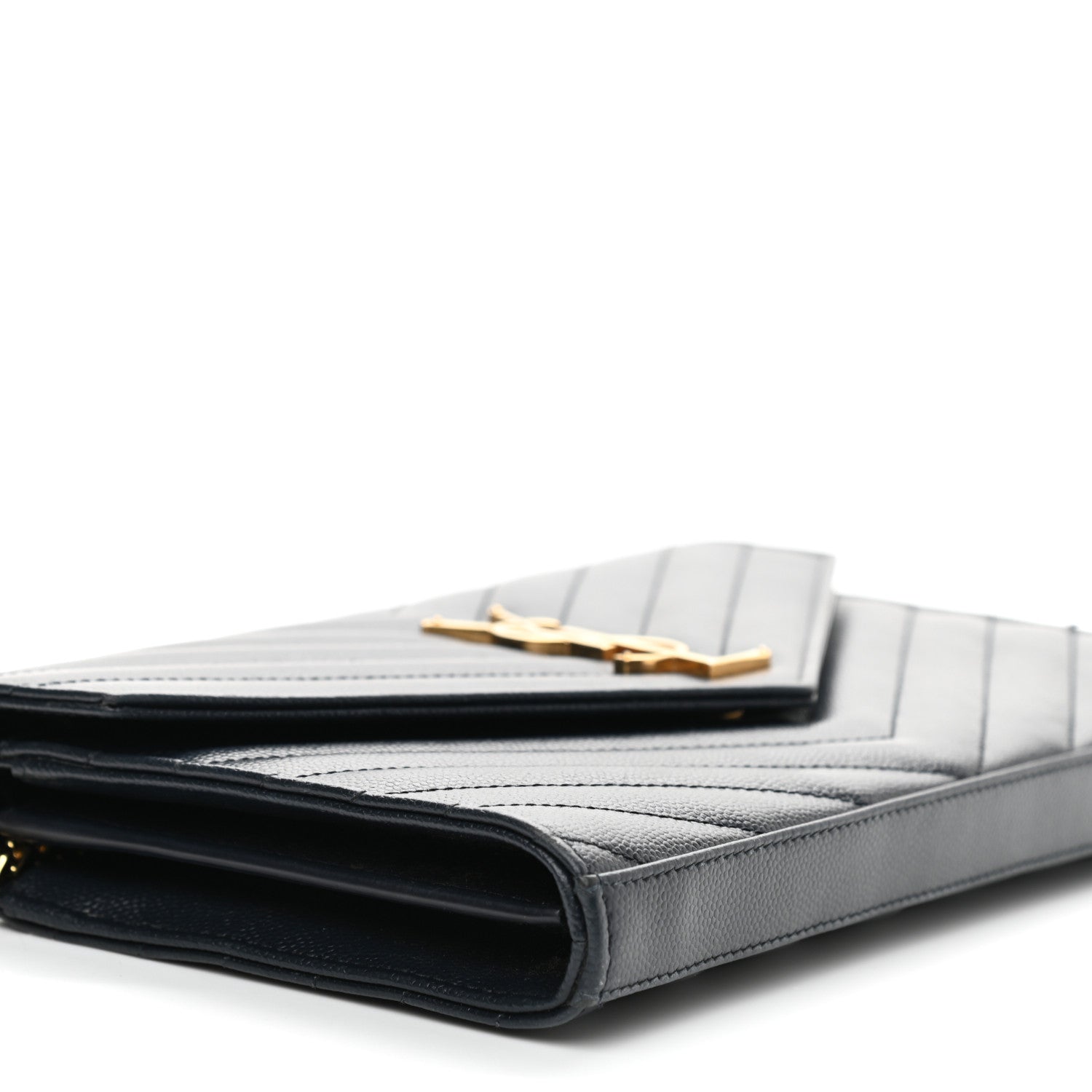 Saint Laurent Grain De Poudre Matelasse Chevron Monogram Chain Wallet Navy 8 of 15