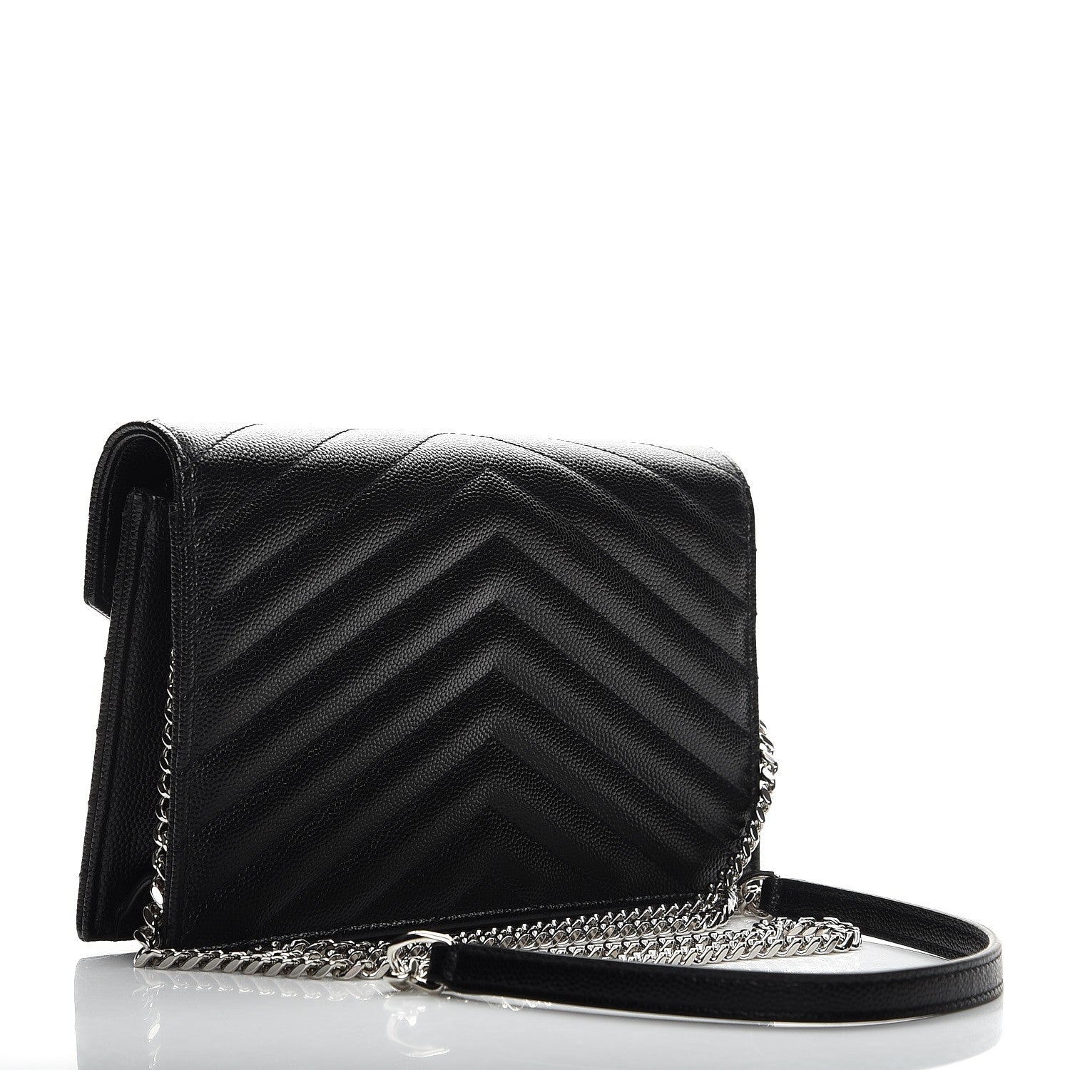 Saint Laurent Grain De Poudre Matelasse Chevron Monogram Envelope Chain Wallet Black 3 of 8
