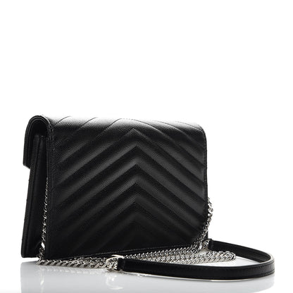Saint Laurent Grain De Poudre Matelasse Chevron Monogram Envelope Chain Wallet Black 3 of 8