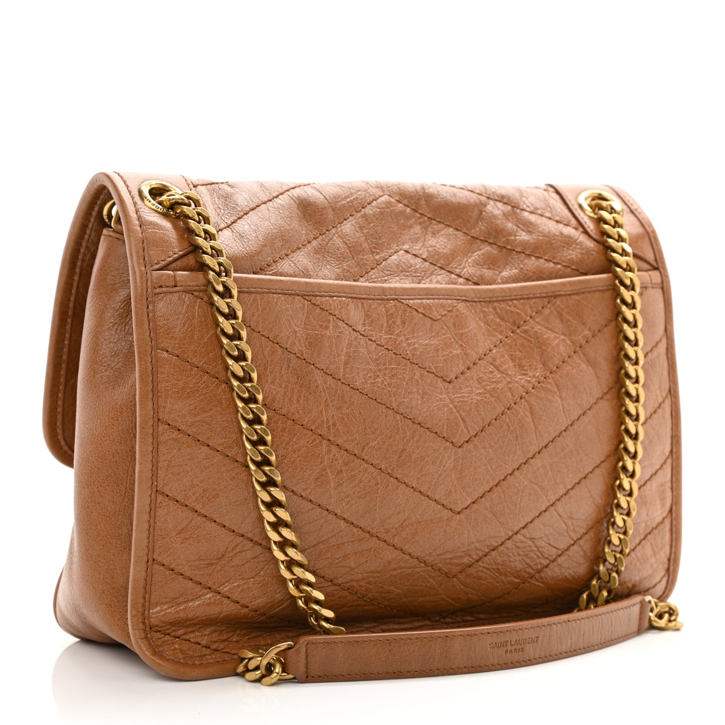 Crinkled Calfskin Matelasse Monogram Medium Niki Chain Satchel Caramel