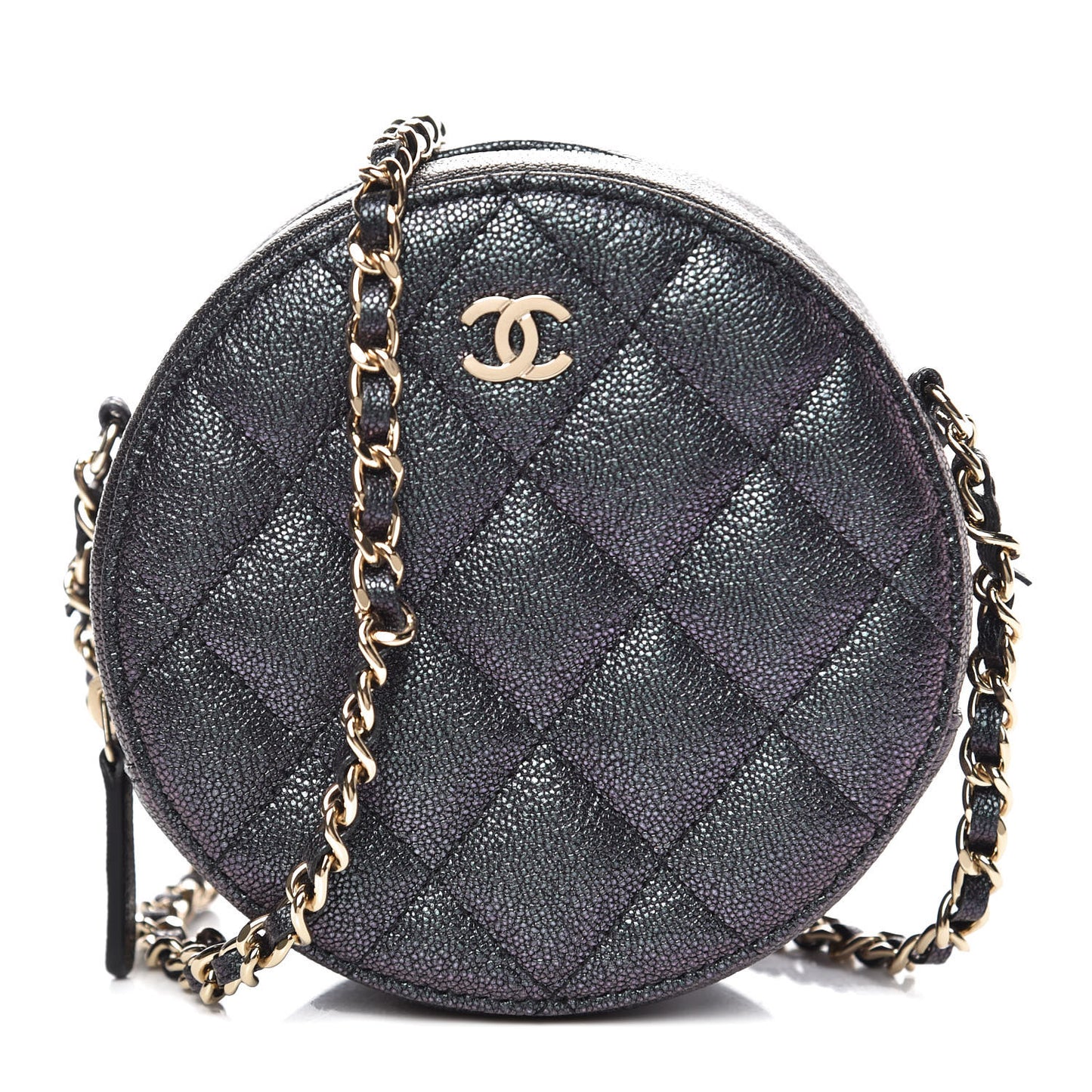 Iridescent Caviar Quilted Round Clutch With Chain Black