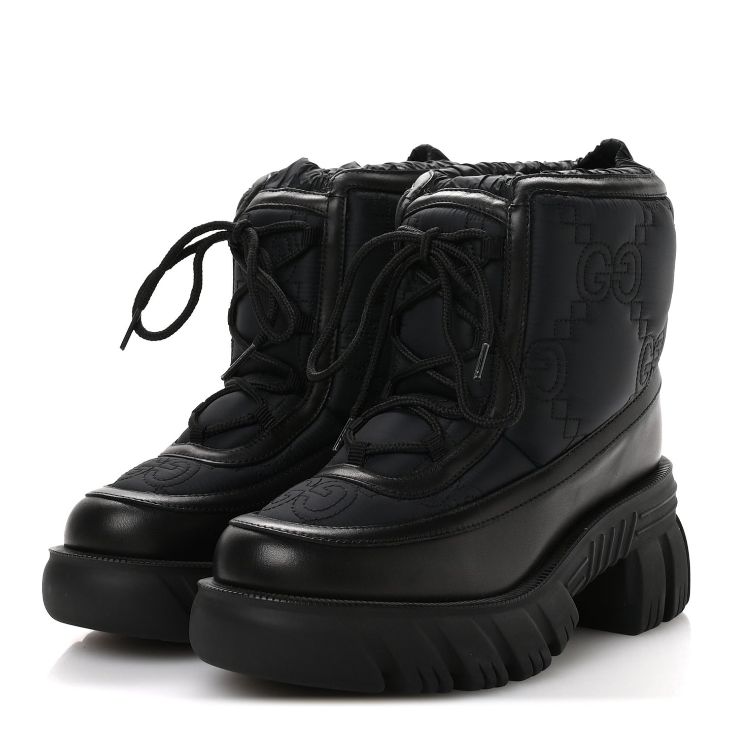 Nylon Calfskin GG Matelasse Lace Up Platform Ankle Boots 37 Black