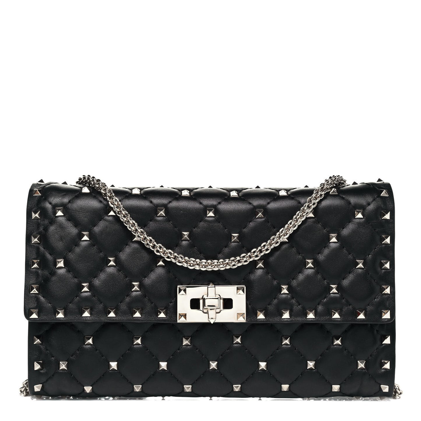 Lambskin Rockstud Spike Wallet on Chain Black